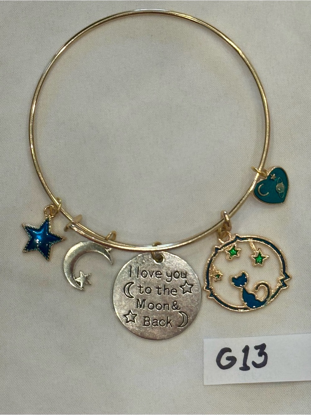 G13 Love You Star Moon Cat Charm Bangle Bracelet